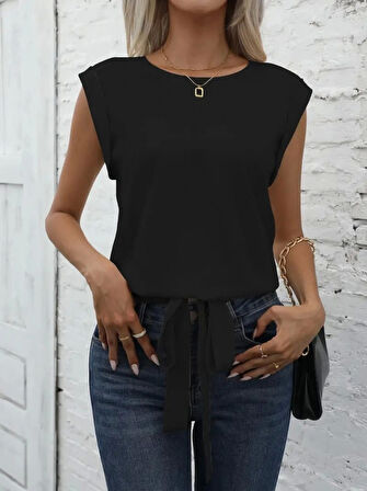 Kadın Sıfır Kol Etek Ucu Bağlama Detay Ithal Krep Bluz