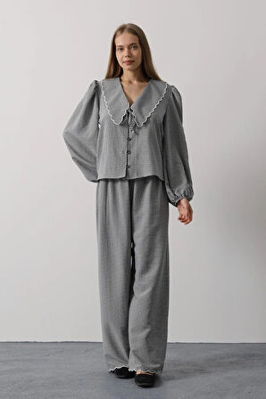 İşlemeli Bebe Yakalı Pantolon Takım - Siyah