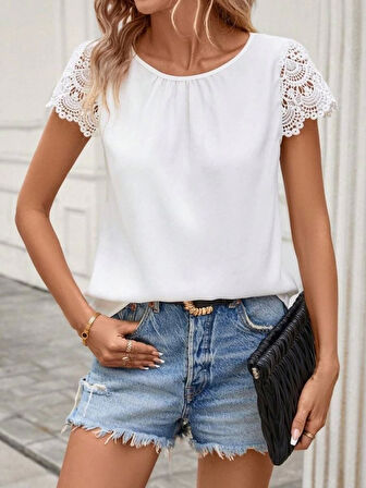 Kadın Kısa Dantel Kollu Bisiklet Yaka Sandy Bluz