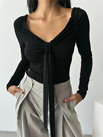 SANDY BODYSUİT ÖNDEN BAĞLAMA DETAYLI - Siyah