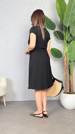 Kadın Kısa Kollu V Yakalı Beli Kuşaklı Ithal Keten Elbise