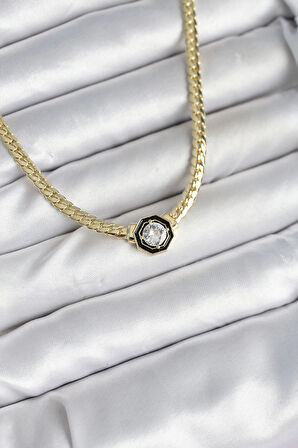 Pirinç Gold Renk Zirkon Taşlı Kadın Kolye