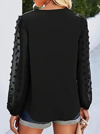 Kadın Uzun Kollu V Yakalı Kolları Popon Detaylı Sandy Bluz