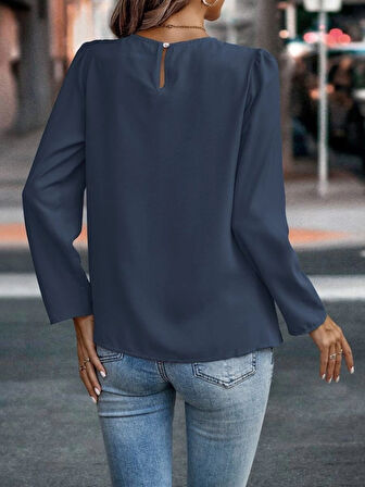 Kadın Uzun Kollu Yuvarlak önden Pileli Ithal Krep Bluz