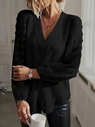 Kadın Uzun Kollu V Yakalı Kolları Popon Detaylı Sandy Bluz