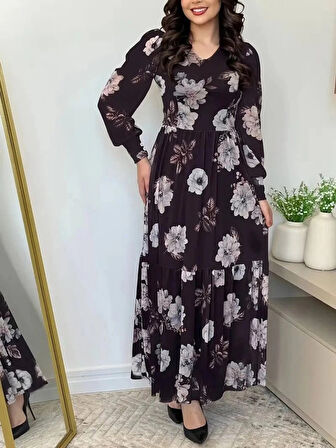 Kadın Uzun Kollu V Yakalı çiçek Desenli Maxi Süprem Elbise