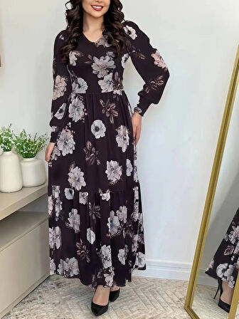 Kadın Uzun Kollu V Yakalı çiçek Desenli Maxi Süprem Elbise