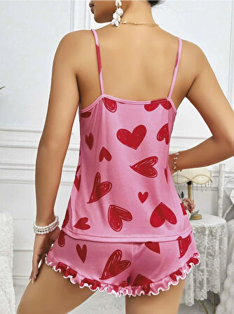 Kadın Pembe Kalp Baskılı Şortlu Gecelik Pijama Takımı 5050