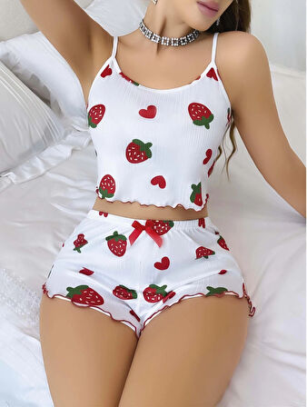 Kadın Beyaz Çilek desenli Şortlu Pijama Takımı 5053
