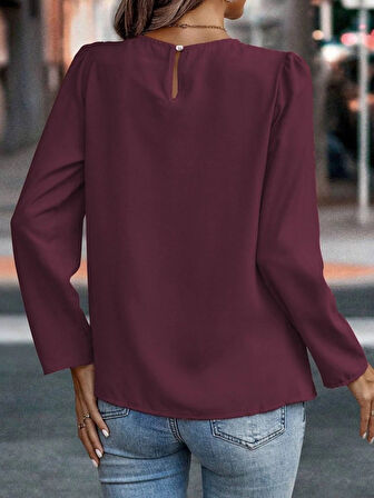 Kadın Uzun Kollu Yuvarlak önden Pileli Ithal Krep Bluz