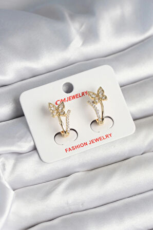Pirinç Gold Renk Zirkon Taşlı Kelebek Model Kadın Küpe