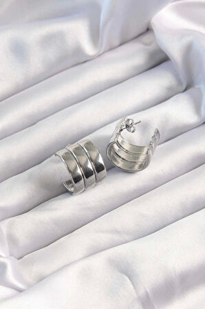 316L Çelik Gümüş Renk 3lü Görünüm Bombe Model Yarım Halka Küpe