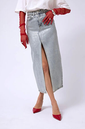 Varak Baskılı Yırtmaçlı Maxi Denim Etek