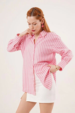 Çift Çizgi Geçişli Düğmeli Pembe Gömlek