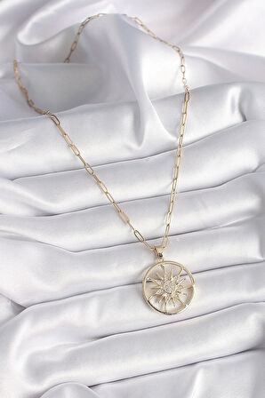 316L Çelik Gold Renk Zirkon Taşlı Güneş Madalyon Model Kadın Kolye