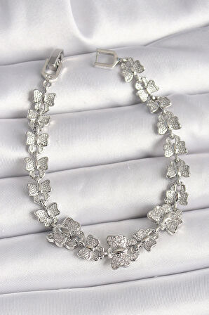 Pirinç Gümüş Renk Zirkon Taşlı Kelebek Model Zincir Kadın Bileklik