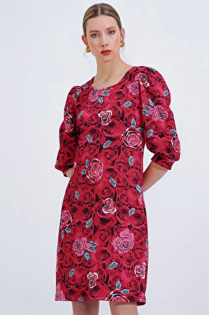 Bordo Gül Desenli Midi Elbise 2477