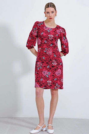 Bordo Gül Desenli Midi Elbise 2477