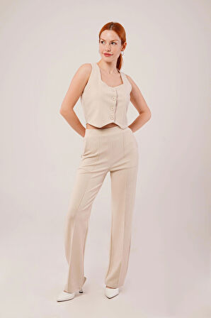 Kalın Askılı Düğmeli Yelek Ve Pantolon Bej Takım