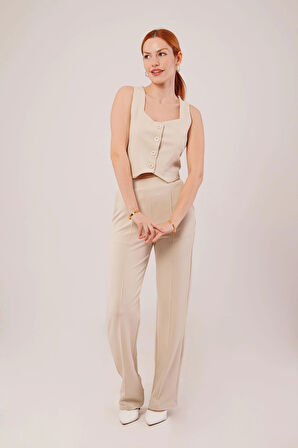 Kalın Askılı Düğmeli Yelek Ve Pantolon Bej Takım