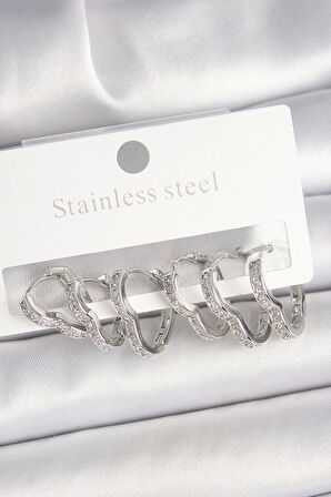 Pirinç Gümüş Renk Zirkon Taşlı 3 Çift Kalp Model Kadın Küpe