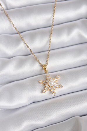 316L Çelik Zincir Gold Renk Zirkon Taşlı Kutup Yıldızı Model İnci Detay Kadın Kolye