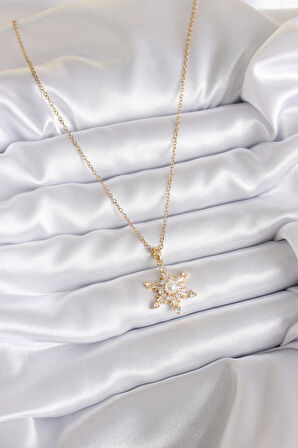 316L Çelik Zincir Gold Renk Zirkon Taşlı Kutup Yıldızı Model İnci Detay Kadın Kolye