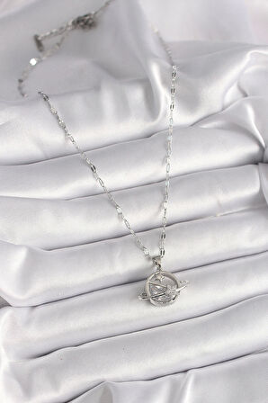 316L Çelik Gümüş Renk Zincir Zirkon Taşlı Yıldız Detay Gezegen Model Kadın Kolye