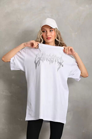 Unisex Taş Desenli Oversize T-Shirt - Beyaz
