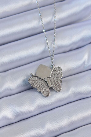 316L Çelik Gümüş Renk Zirkon Taşlı Kelebek Model Kadın Kolye