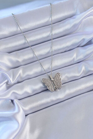 316L Çelik Gümüş Renk Zirkon Taşlı Kelebek Model Kadın Kolye