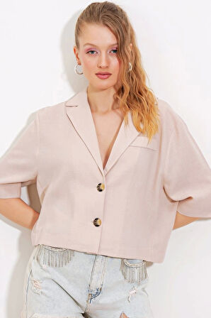 Krem Çift Düğmeli Oversize Crop Keten Ceket 0706
