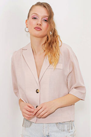 Krem Çift Düğmeli Oversize Crop Keten Ceket 0706