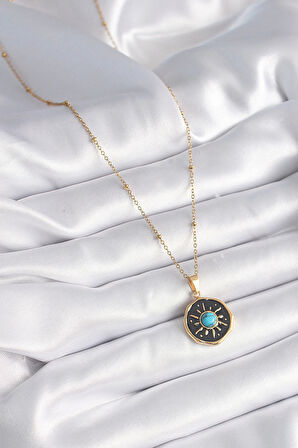 316L Çelik Gold Renk Mavi Boncuk Güneş İşleme Madalyon Model Kadın Kolye