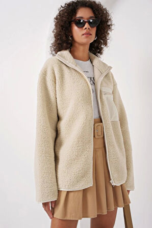 55446 Fermuarlı Oversize Peluş Ceket Mont - Krem