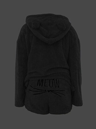 Kadın Uzun Kollu Meow Kedi Nakışlı Kapşonlu Peluş Sweat Ve Short Ikili Takım