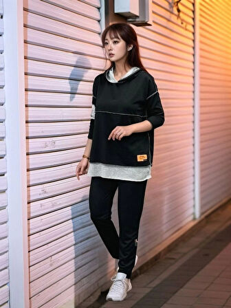 Kadın Siyah Kapşonlu Etek Ucu Detay Arma Ters Dikiş Gorunumlu Ikili Takım