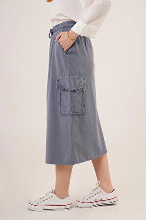 Ön Yırtmaçlı Cep Detaylı İndigo Etek