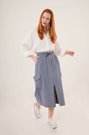 Ön Yırtmaçlı Cep Detaylı İndigo Etek