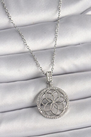 316L Çelik Gümüş Renk Zincir Zirkon Taşlı Lotus Model Kadın Kolye