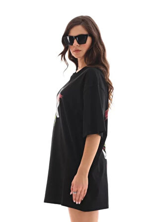 Unisex Bisiklet Yaka Baskılı Oversize T-Shirt - Siyah