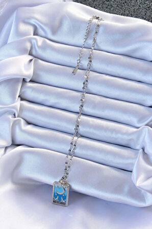 316L Çelik Zincir Gümüş Renk Mavi Mineli Ay Figür Tarot Kolye