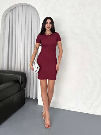 Bisiklet Yaka Kısa Kol Likralı Elbise - Bordo