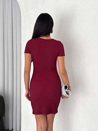 Bisiklet Yaka Kısa Kol Likralı Elbise - Bordo