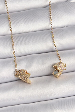 316L Çelik Gold Renk Zincir Zirkon Taşlı Mıknatıslı Kalp Model Kadın Kolye