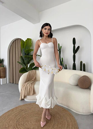 Dominic Eteği Büzgülü Midi Boy Elbise