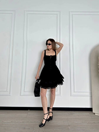 Mini Askılı Elbise - Siyah