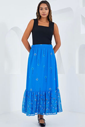 Saks Desenli Şifon Etek 8010