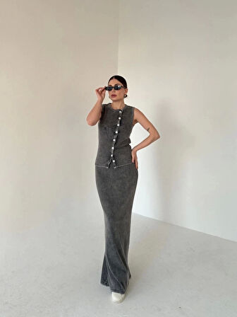 Uzun Etekli Önü Düğmeli Badi İkili Takım- Antrasit