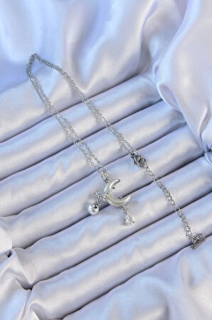 316L Çelik Zincir Gümüş Renk Zirkon Taşlı Kelebekli Mineli Ay Kolye